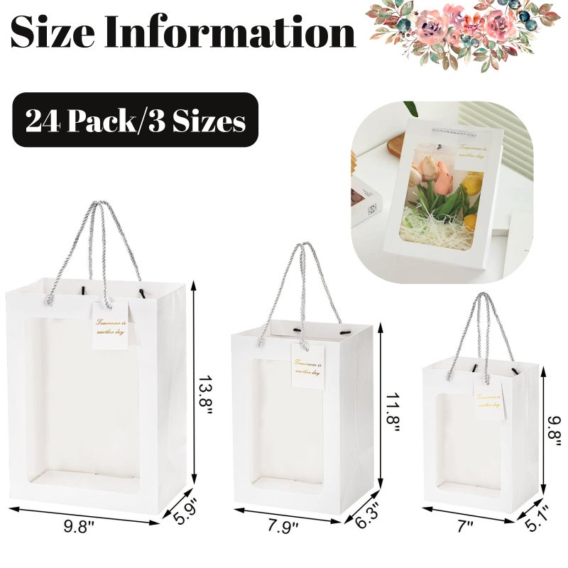 Zenfun 24 Pack White Kraft Paper Bags With Handles  Gift Shopping Bags With Transparent Window  Paper Gift Bags For Thanksgiving Christmas Birthday Wedding  Multisizes - Image 2