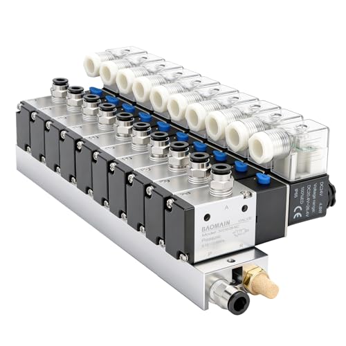 Baomain 10 Station Solenoid Valve Manifold 24V DC 3 Way 2 Position Pneumatic Air Valve Ten Solenoid 14 PT Port Includes Manifold Base Mufflers 3V21008 - Image 1