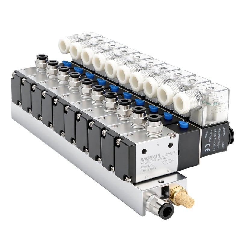 Baomain 10 Station Solenoid Valve Manifold 24V DC 3 Way 2 Position Pneumatic Air Valve Ten Solenoid 14 PT Port Includes Manifold Base Mufflers 3V21008 - Image 2