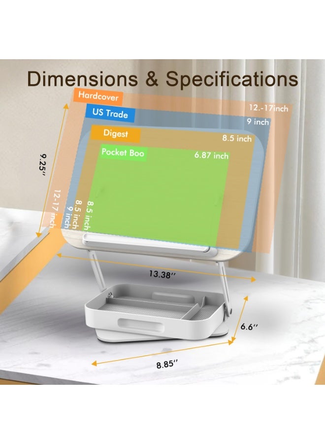 XiuWoo Book Stand for Reading with Storage, Adjustable Book Holder with 360° Rotating Bases, Foldable Desktop Riser Stand, Elastic Clips for Cookbook Recipe Magazines Tablets, Laptops - Image 2