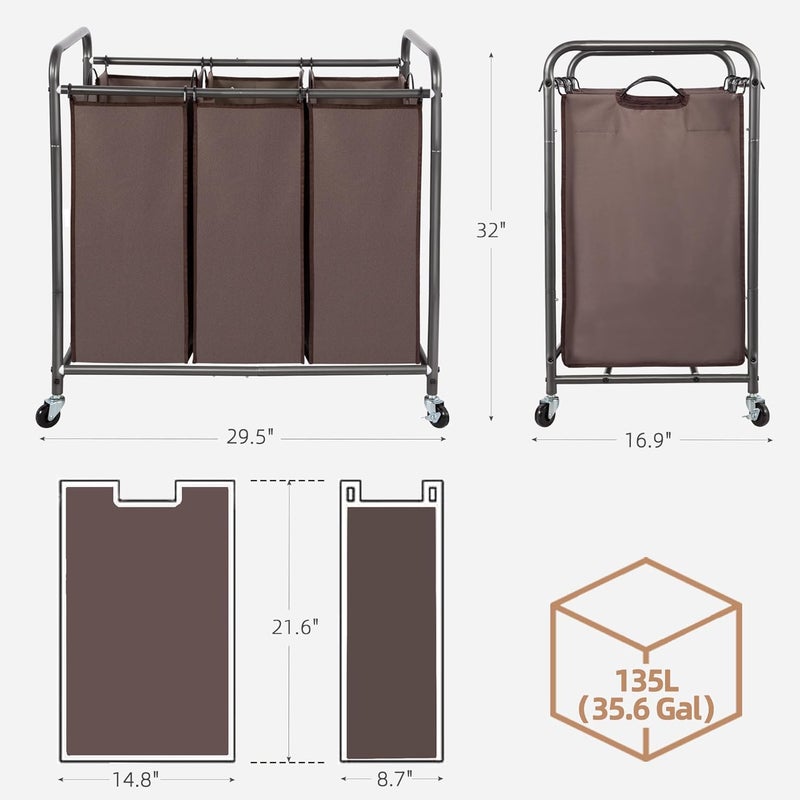 STORAGE MANIAC 3 Section Laundry Sorter Cart with Heavy Duty Rolling Lockable Wheels and Removable Bags, Brown - Image 3