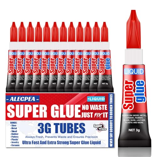 ALECPEA 3 Gram (Pack of 12) Single Use Super Glue Liquid, Super Fast, Thin & Strong Adhesive Superglue, Cyanoacrylate Glue for Hard Plastics, DIY Craft, Ceramics, Leather, Metal Etc - Image 1