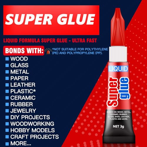 ALECPEA 3 Gram (Pack of 12) Single Use Super Glue Liquid, Super Fast, Thin & Strong Adhesive Superglue, Cyanoacrylate Glue for Hard Plastics, DIY Craft, Ceramics, Leather, Metal Etc - Image 4