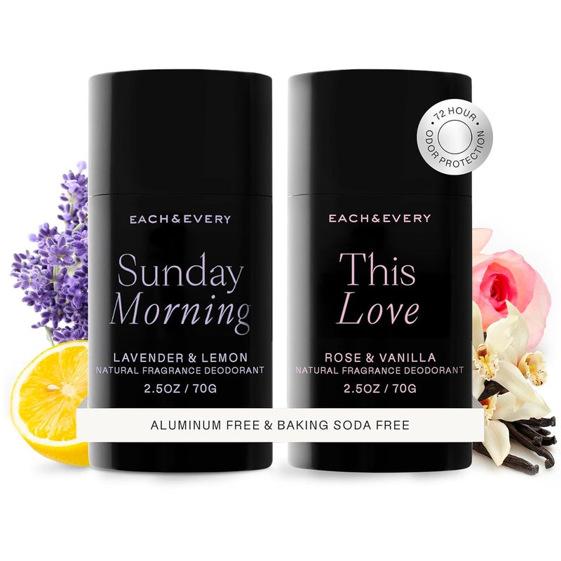 Each & Every Aluminum Free Deodorant for Women & Men, Lavender & Lemon + Rose & Vanilla - All Natural Deodorant for Sensitive Skin, EWG Verified - Clean, Baking Soda-Free, Plant-Based - 2.5oz, 2 Pack - Image 1