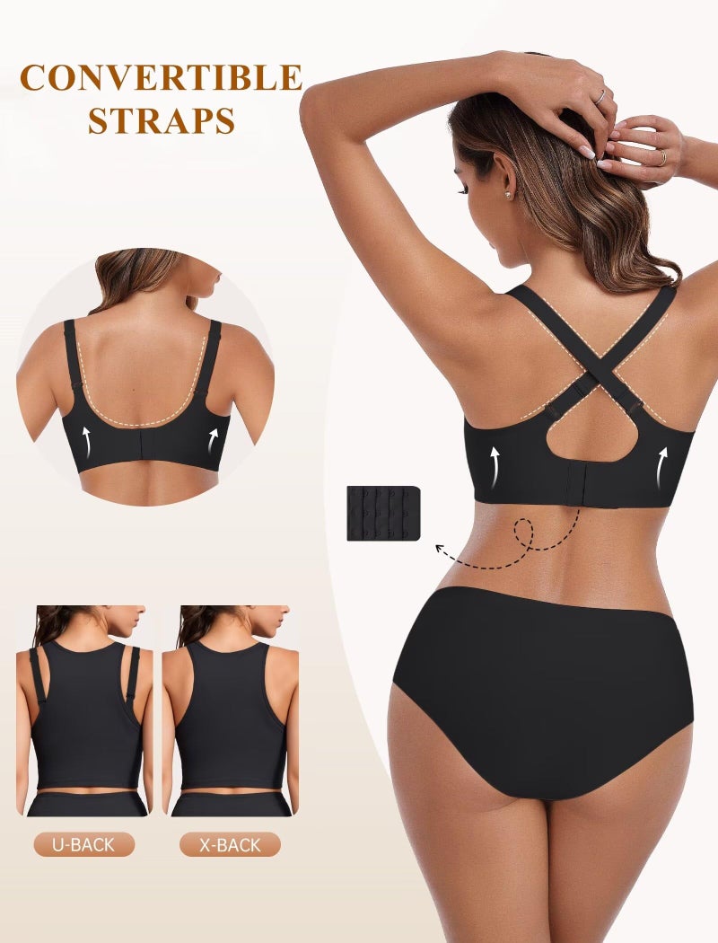 Vertvie Racerback Bras for Women Full Coverage Supportive Wireless Bras Push Up Seamless Bralettes Convertible T-Shirt Bra(Black,Medium) - Image 3