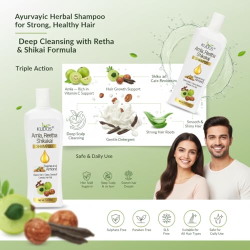 Kudos Ayurveda Amla Reetha Shikakai Shampoo – Ayurvedic Herbal Hair Cleanser for Women & Men | Hair Fall Control & Dandruff Care | Sulphate & Paraben Free | For All Hair Types with Aloe Vera (500mL) (2) - Image 5