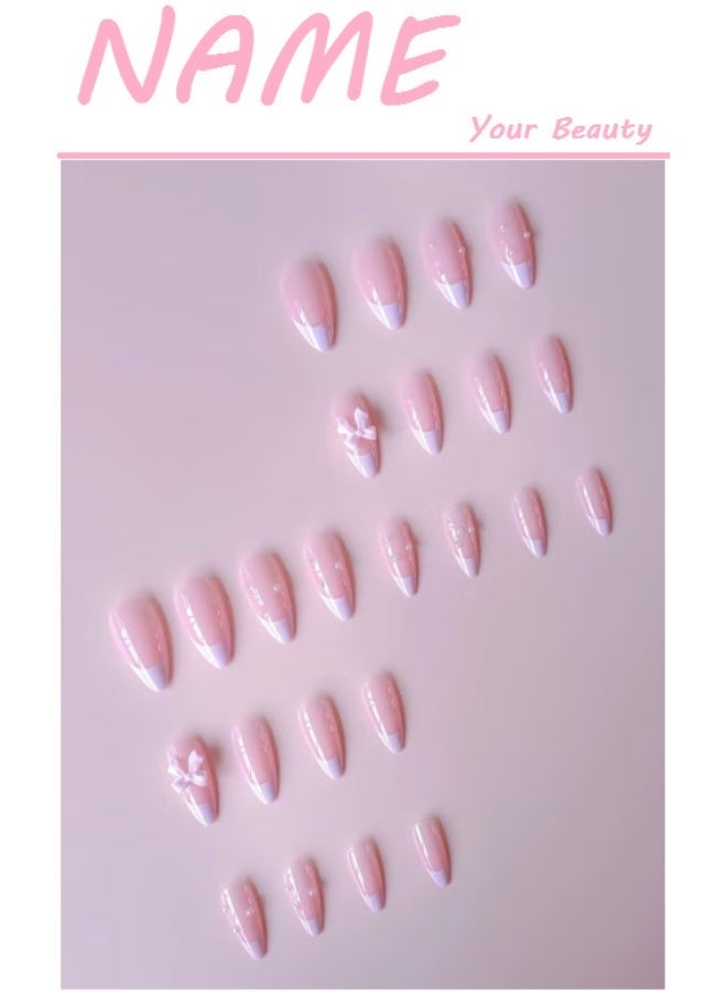 NAME 24-Piece Full Cover False French Tip Press on Nails,Medium Fake Nails Almond Glue on Nails Bow Charm Pearl Design Acrylic Nails(Pink) - Image 2