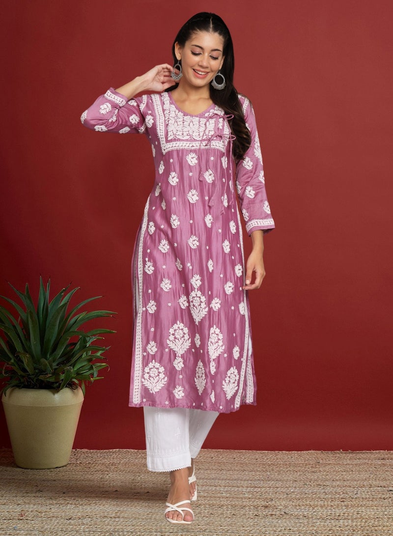 Alaya Hand Embroidered Chikankari Chanderi Angarkha Kurta With Mukaish Work-AL3672  - Image 1