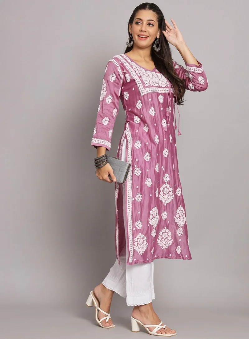 Alaya Hand Embroidered Chikankari Chanderi Angarkha Kurta With Mukaish Work-AL3672