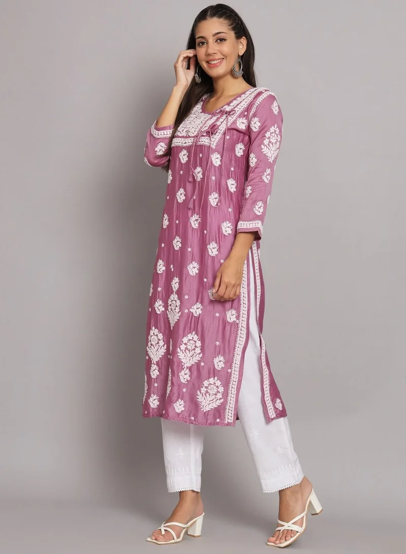 Alaya Hand Embroidered Chikankari Chanderi Angarkha Kurta With Mukaish Work-AL3672