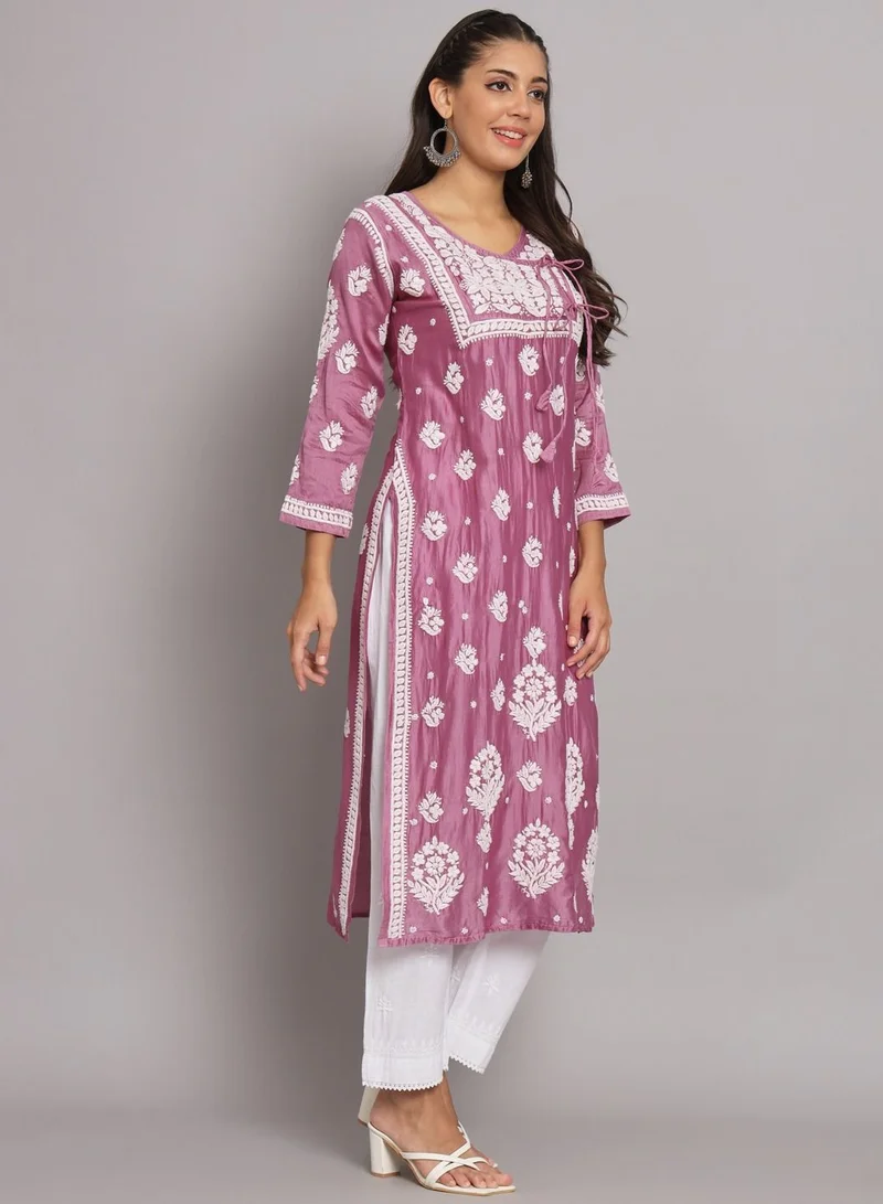 Alaya Hand Embroidered Chikankari Chanderi Angarkha Kurta With Mukaish Work-AL3672