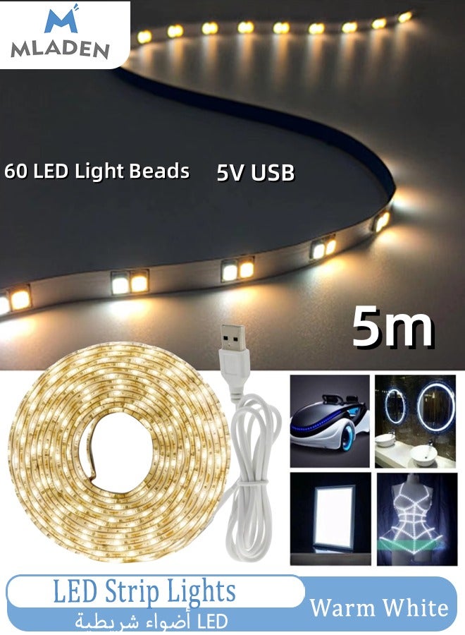 5m LED Strip Lights with 60 LED Light Beads LED Strip Works Strong Adhesive,5V USB Powered Flexible Under Cabinet Light for Mirror, Kitchen Cabinet, Bedroom, Home Decor  - Image 1