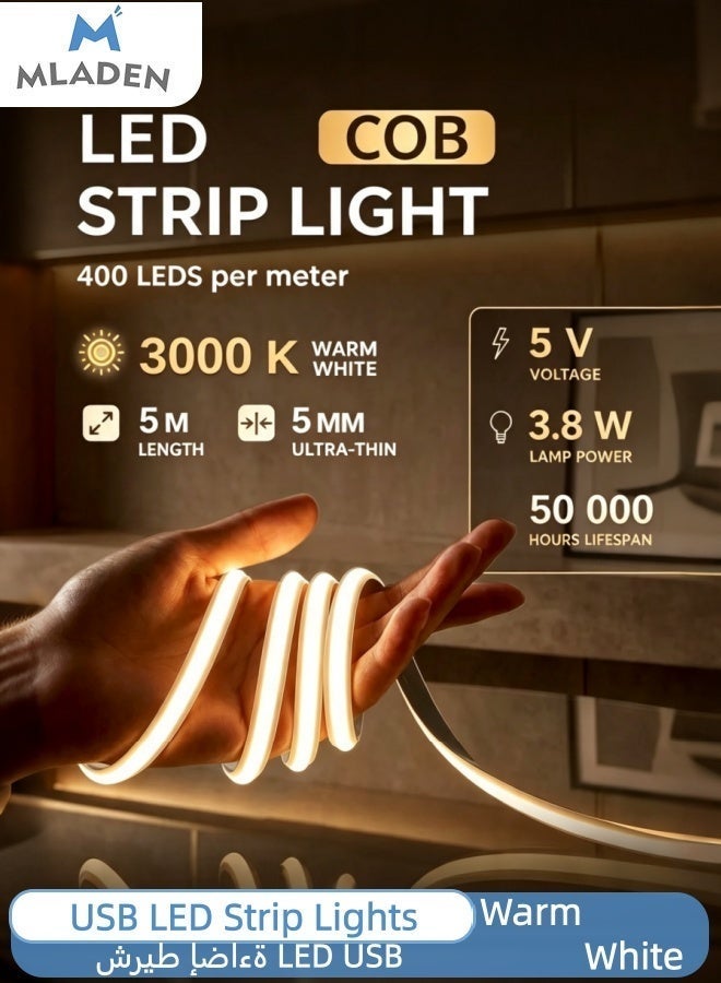 USB LED Strip Lights, COB Warm White 5V 5M Flexible Tape Light Kit, Super Bright LED TV Backlight, Under Cabinet Lighting for Kitchen, Bedroom, Home, Vanity Mirror, Boat Decor – USB Powered, Easy Install ﻿ - Image 1