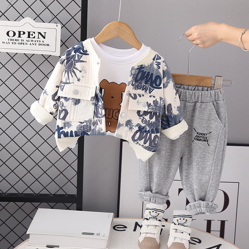 Babys Jacket suit Spring and Autumn Long Sleeve Childrens Western Style Three-Piece Set 1-2-3-4-5 Years Old Boys Korean Childrens Fashion Long-sleeved full-print ink pattern jacket three-piece blue 