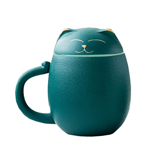 DUANMUL Cat Mug Cute Ceramic Coffee Cup with Infuser and LidFilter for Steeping Loose Leafkawaii coasterNovelty Morning Cup Tea Milk Christmas Mug Chinese Handmade Porcelain TeacupGreen