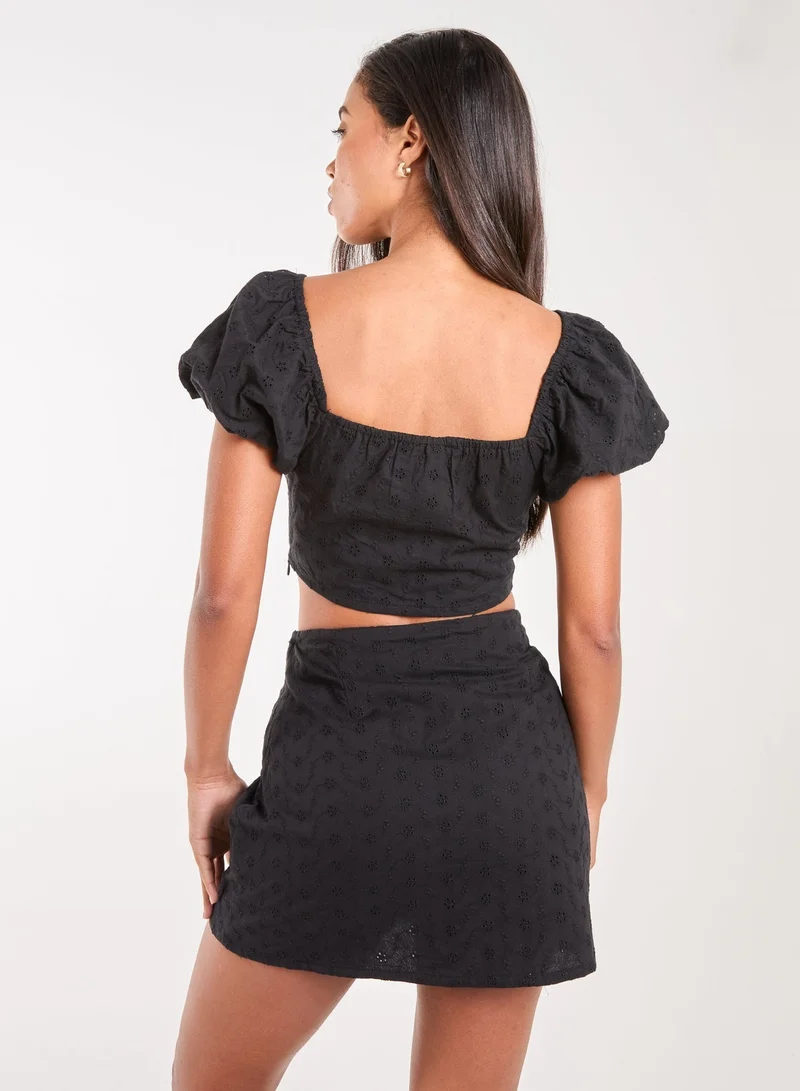 Pink Vanilla Lace Up Corset Puff Sleeve Broderie Crop Top