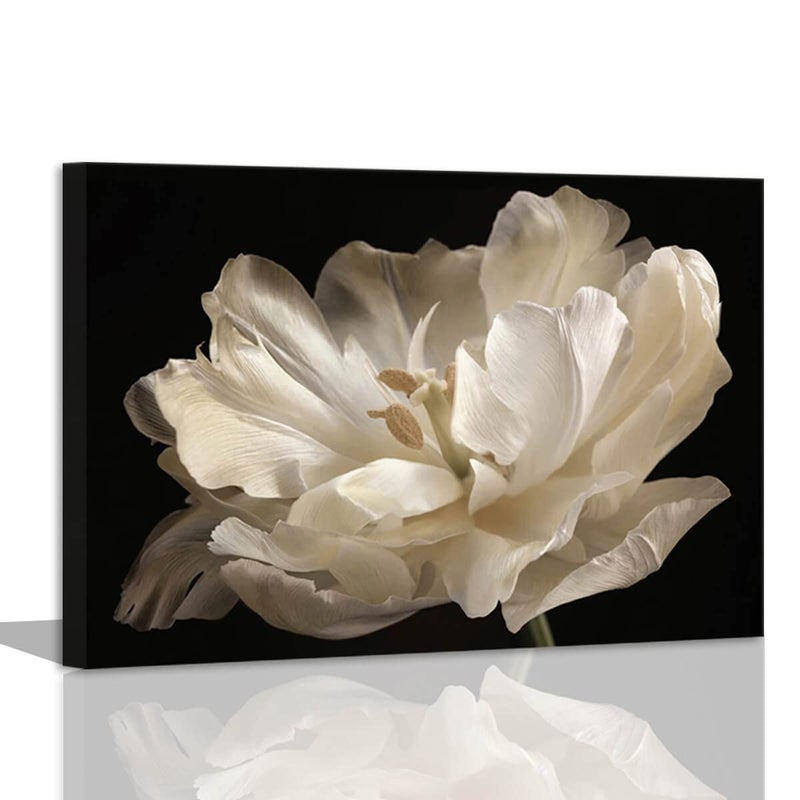 Modern Canvas Wall Art  White Tulip on Black Background Bathroom Decor Framed 12x16inch