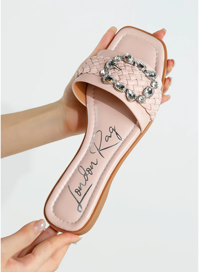 London Rag Diamante Flat Sandals in Pink