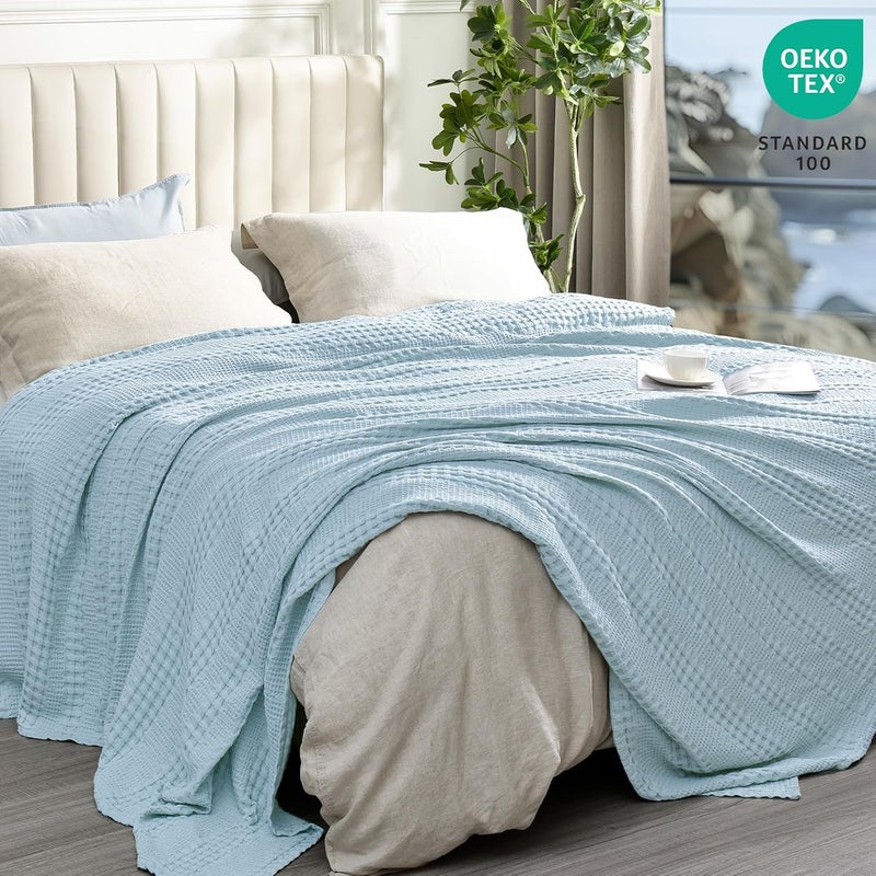 PHF Bamboo Cotton Waffle  Blanket, King Size (264 cm x 228 cm) for Couch, Bed, Snag Proof for Spring Summer Lightweight Breathable, Sky Blue - Image 3
