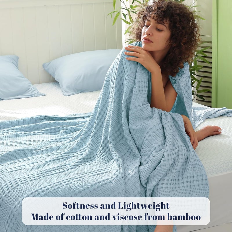 PHF Bamboo Cotton Waffle  Blanket, King Size (264 cm x 228 cm) for Couch, Bed, Snag Proof for Spring Summer Lightweight Breathable, Sky Blue - Image 2