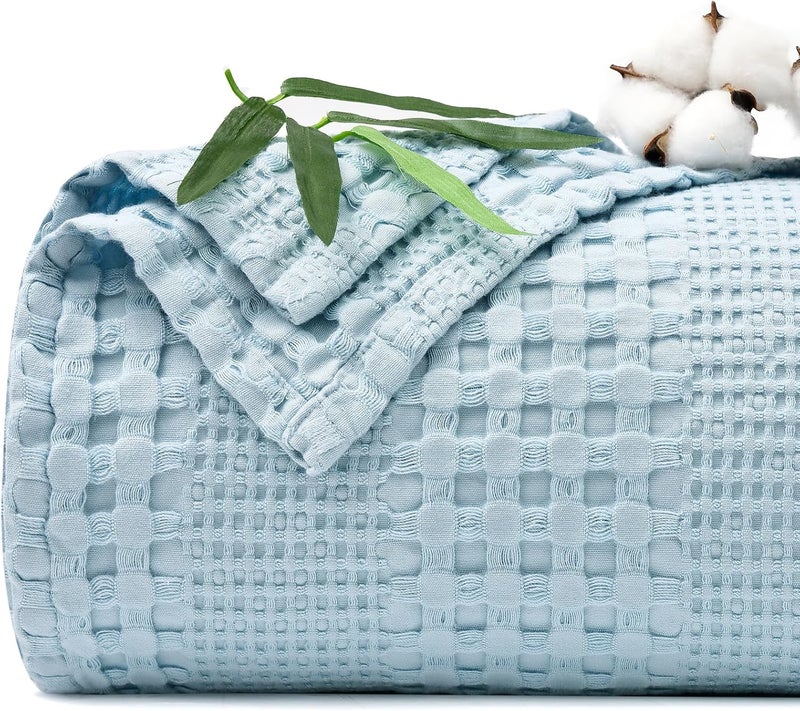 PHF Bamboo Cotton Waffle  Blanket, King Size (264 cm x 228 cm) for Couch, Bed, Snag Proof for Spring Summer Lightweight Breathable, Sky Blue - Image 1