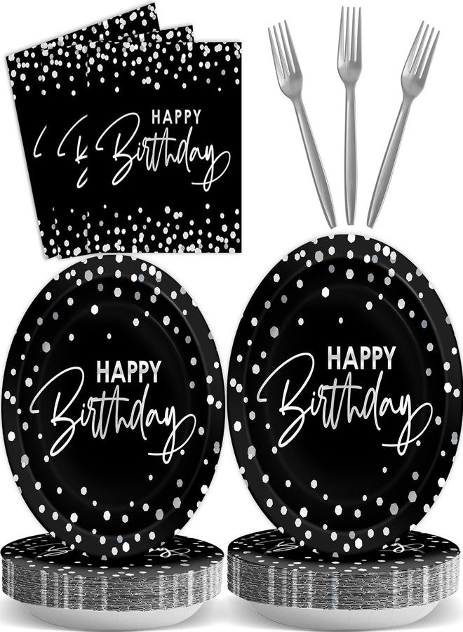 Wiooffen 96PCS Black Silver Birthday Paper Plates and Napkins Party Supplies Happy Birthday Party Decorations Disposable Birthday Party Tableware Dinnerware Set for Women Men Birthday Serves 24 Guests - Image 1