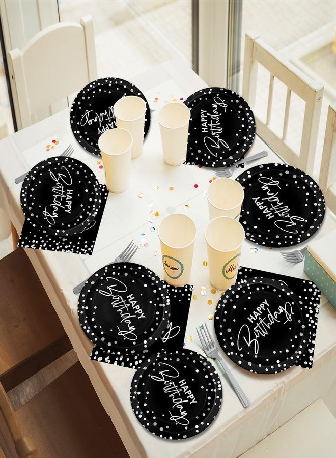 Wiooffen 96PCS Black Silver Birthday Paper Plates and Napkins Party Supplies Happy Birthday Party Decorations Disposable Birthday Party Tableware Dinnerware Set for Women Men Birthday Serves 24 Guests - Image 5