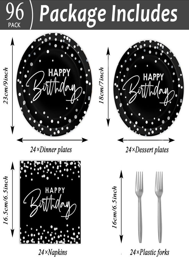 Wiooffen 96PCS Black Silver Birthday Paper Plates and Napkins Party Supplies Happy Birthday Party Decorations Disposable Birthday Party Tableware Dinnerware Set for Women Men Birthday Serves 24 Guests - Image 2