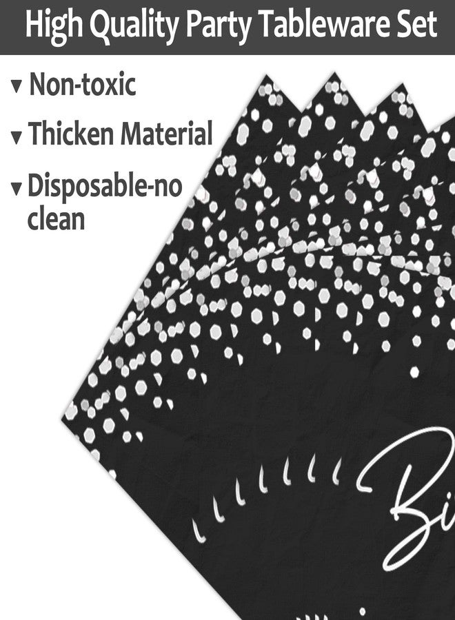 Wiooffen 96PCS Black Silver Birthday Paper Plates and Napkins Party Supplies Happy Birthday Party Decorations Disposable Birthday Party Tableware Dinnerware Set for Women Men Birthday Serves 24 Guests - Image 4