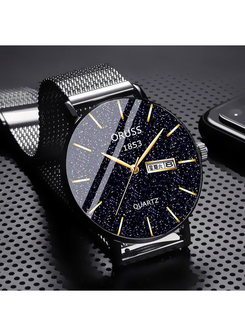 Generic Swiss Automatic Movement Mens Calendar Watch Mesh with starry sky men's [double calendar]] 