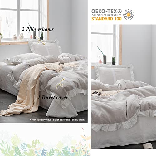 Simple&Opulence 100% Linen Duvet Cover Set (104"x92") Floral Flax King Size, Shabby Chic Ruffle Edge Lace Insert Decoration, 3 Pcs Farmhouse Bedding-1 Comforter Cover 2 Pillow Shams, Floral Grey - Image 5