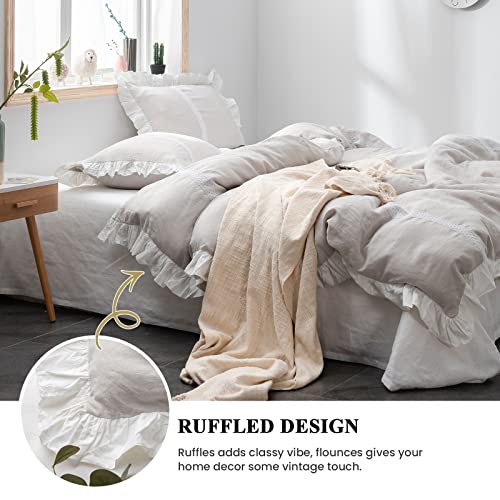 Simple&Opulence 100% Linen Duvet Cover Set (104"x92") Floral Flax King Size, Shabby Chic Ruffle Edge Lace Insert Decoration, 3 Pcs Farmhouse Bedding-1 Comforter Cover 2 Pillow Shams, Floral Grey - Image 2