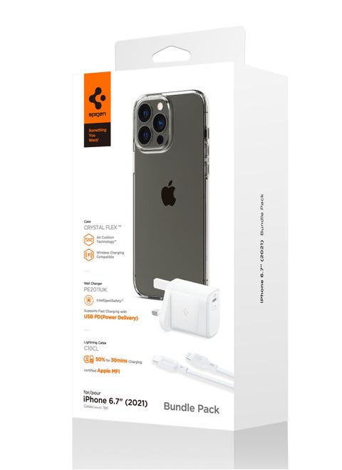 Spigen Value Pack for iPhone 13 Pro MAX, Crystal Flex Clear Case, USB-C to Lightning Cable 1m, USB-C PD Wall Adapter 20W