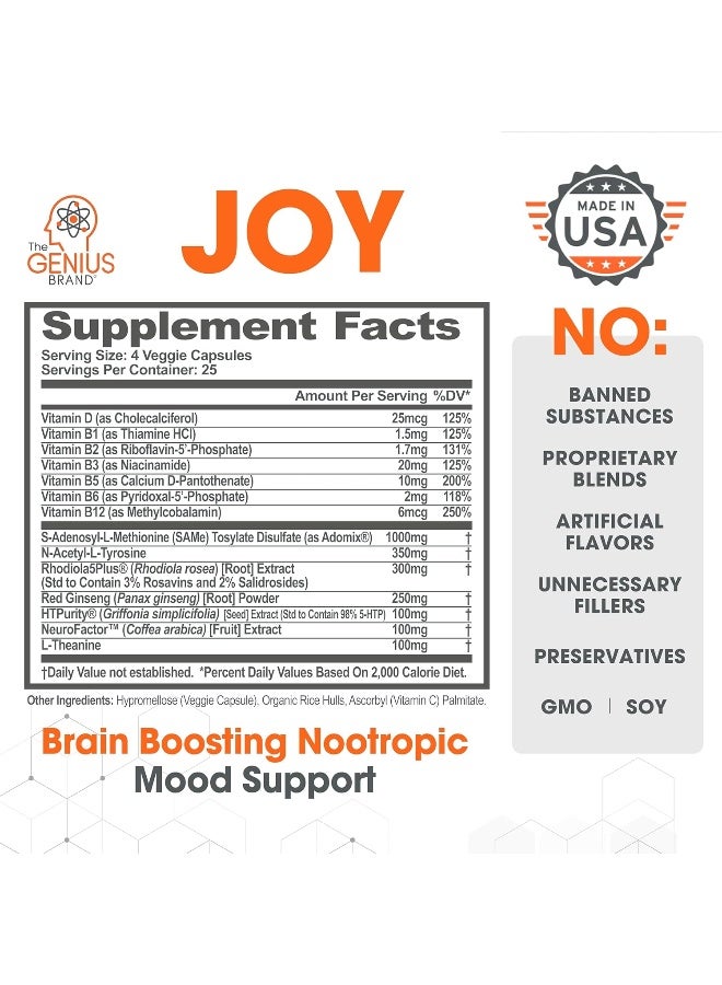 ذا جينيس براند Genius Joy، محسن المزاج منشط الذهن، 100 كبسولة نباتية - Image 4