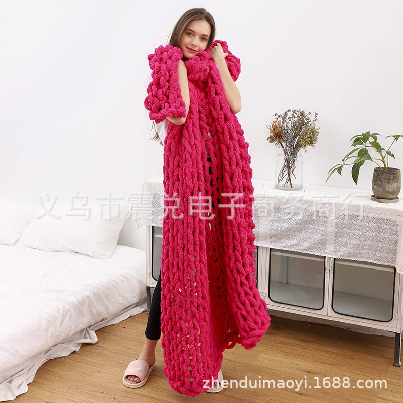 Chenille Chunky Knit Blanket Handmade Rose Red 