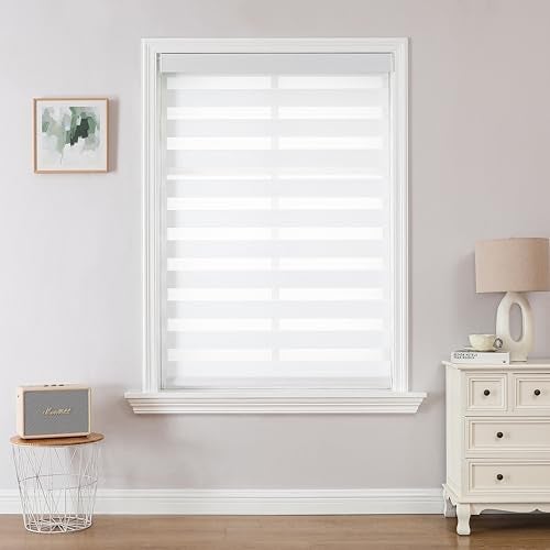 Joydeco Cordless Zebra Blinds Pro Dual Layer Light Control Zebra Blinds for Windows LightProof Aluminum Cover FreeStop Roller Shades for Home Office White 19 W x 48 H - Image 1