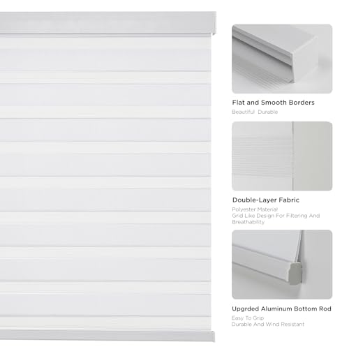 Joydeco Cordless Zebra Blinds Pro Dual Layer Light Control Zebra Blinds for Windows LightProof Aluminum Cover FreeStop Roller Shades for Home Office White 19 W x 48 H - Image 3