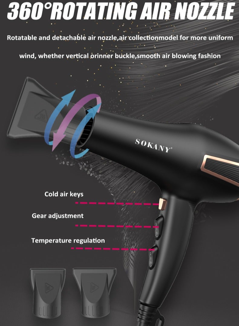 سوكاني مجفف شعر SOKANY بالأيونات السالبة، مجفف شعر سريع التجفيف متعدد الوظائف للاستخدام المنزلي، 2800 واط، درجة حرارة وسرعة قابلة للتعديل في مستويات متعددة، أسود (الموديل: SK-14023) - قابس: معيار أوروبي - Image 2