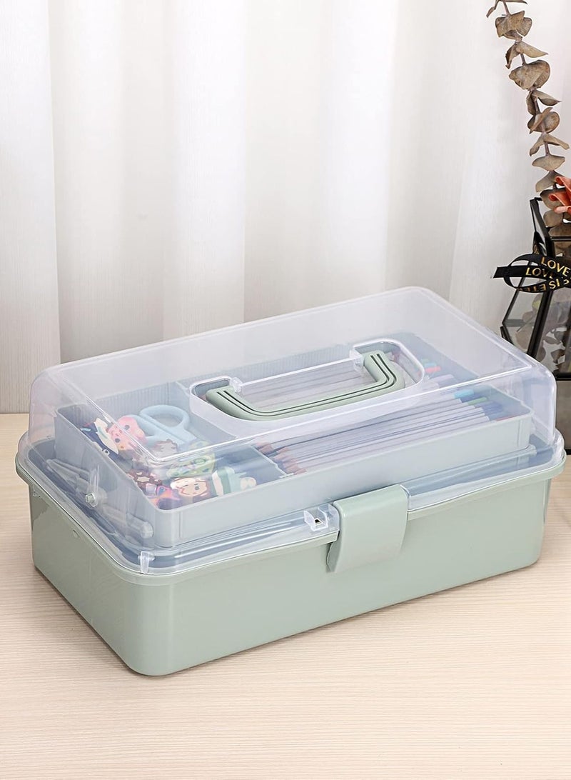 LOOPITYS Storage Box 3-Layer Plastic Dividing Craft Organizer and Storage with Adjustable Spacers Portable Handled Art Supply Organizer Multi purpose medicine box, office storage case, home utility box, sewing organizer and craft supplies storage box (Haze Green) - Image 3