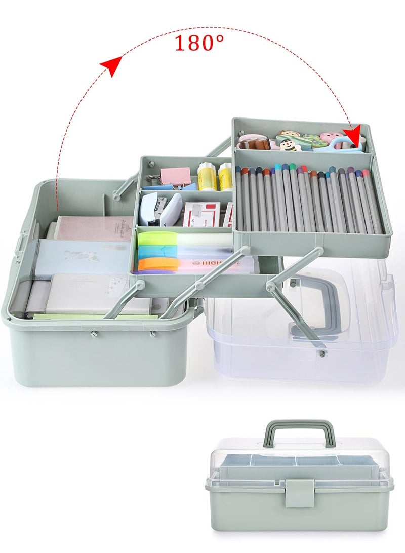 LOOPITYS Storage Box 3-Layer Plastic Dividing Craft Organizer and Storage with Adjustable Spacers Portable Handled Art Supply Organizer Multi purpose medicine box, office storage case, home utility box, sewing organizer and craft supplies storage box (Haze Green) - Image 1