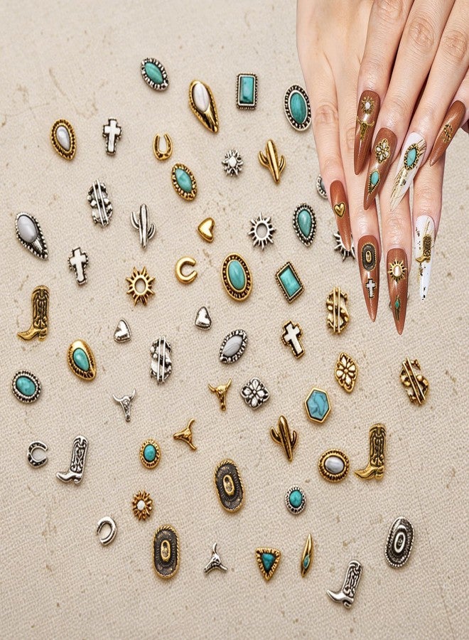 Ohmique 62 PCS Western Nail Charms - Ohmique 3D Vintage Western Nail Charms and Gems Art Cowboy Cowgirl, Gold Silver Turquoise Gemstone Jewelry Accessories Stickers Decoration for DIY Craft - Image 1