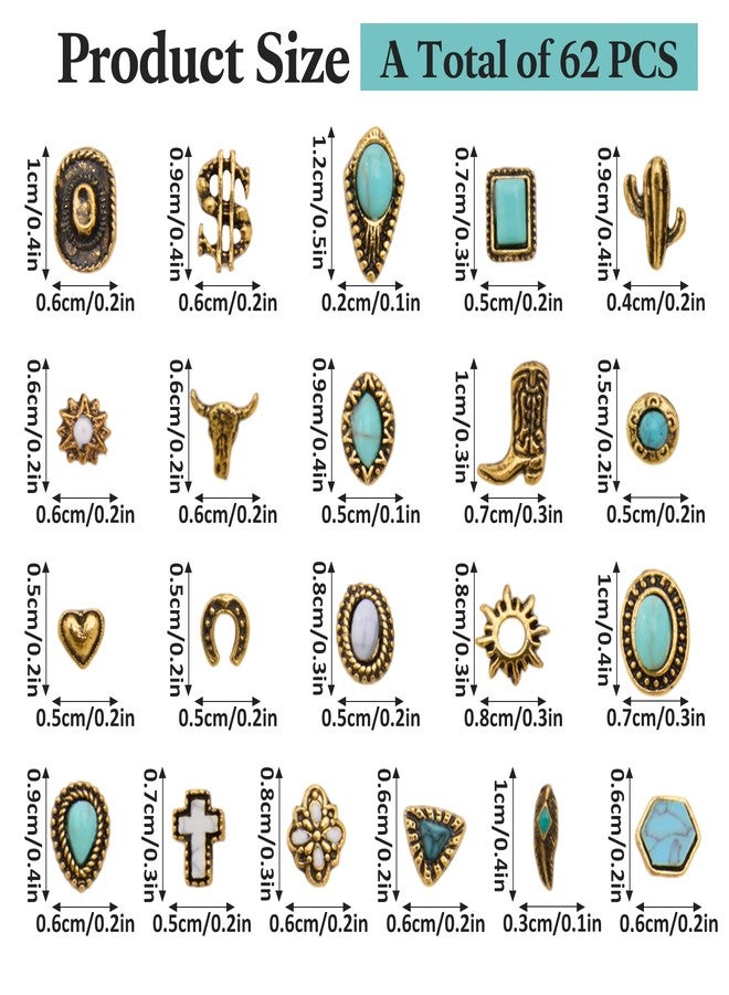 Ohmique 62 PCS Western Nail Charms - Ohmique 3D Vintage Western Nail Charms and Gems Art Cowboy Cowgirl, Gold Silver Turquoise Gemstone Jewelry Accessories Stickers Decoration for DIY Craft - Image 2