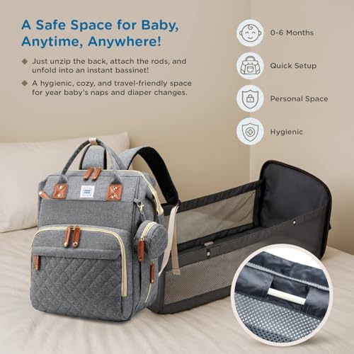 Mee Mee Tiny Treks Baby Diaper Bag Backpack with Foldable Bassinet & Changing Station | Waterproof Maternity Travel Bag for Moms | USB Port, Insulated Bottle & Pacifier Holder (Grey) - Image 2