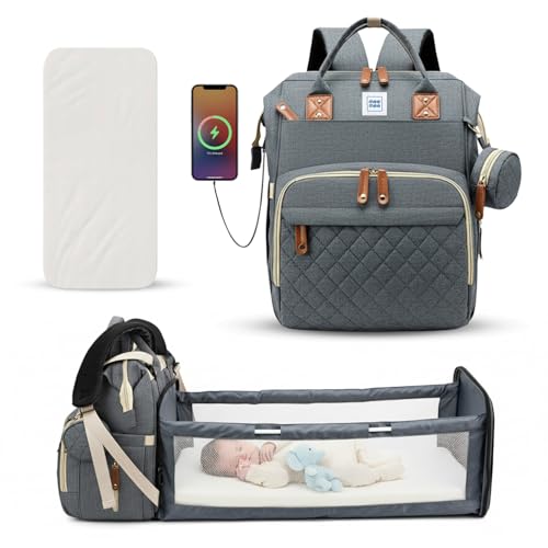 Mee Mee Tiny Treks Baby Diaper Bag Backpack with Foldable Bassinet & Changing Station | Waterproof Maternity Travel Bag for Moms | USB Port, Insulated Bottle & Pacifier Holder (Grey) - Image 1