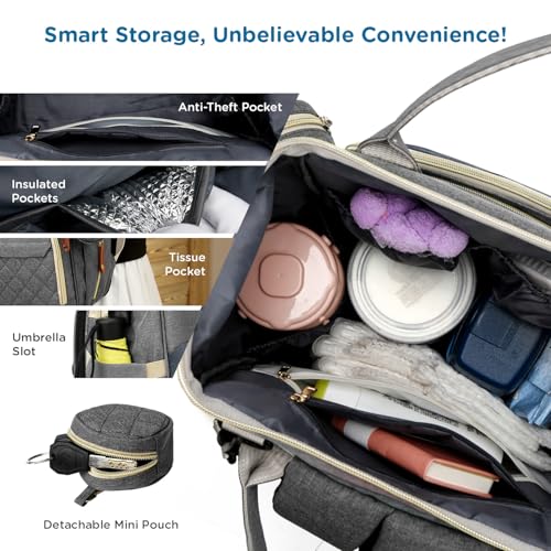 Mee Mee Tiny Treks Baby Diaper Bag Backpack with Foldable Bassinet & Changing Station | Waterproof Maternity Travel Bag for Moms | USB Port, Insulated Bottle & Pacifier Holder (Grey) - Image 5