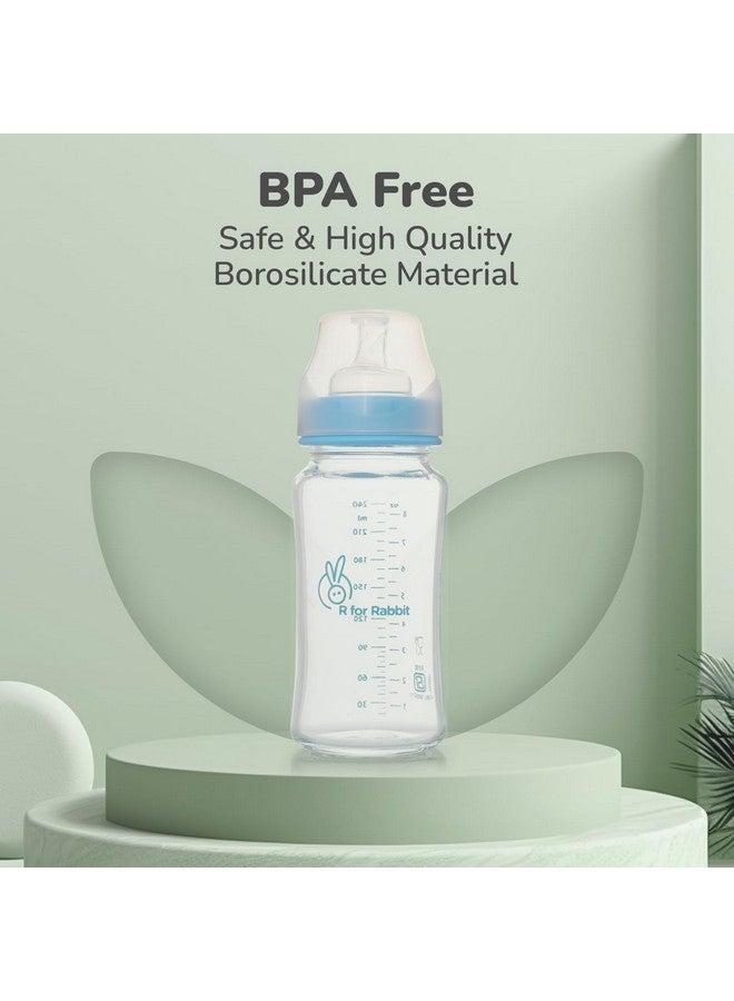 R for Rabbit First Feed Baby Glass Feeding Bottle 240ml with Anti-Colic Wide Neck, BPA Free Soft Silicone Nipple, Milk Feeder for New Born/Infants/Toddler Kids of 6+ Months (Lake Blue) - Image 2