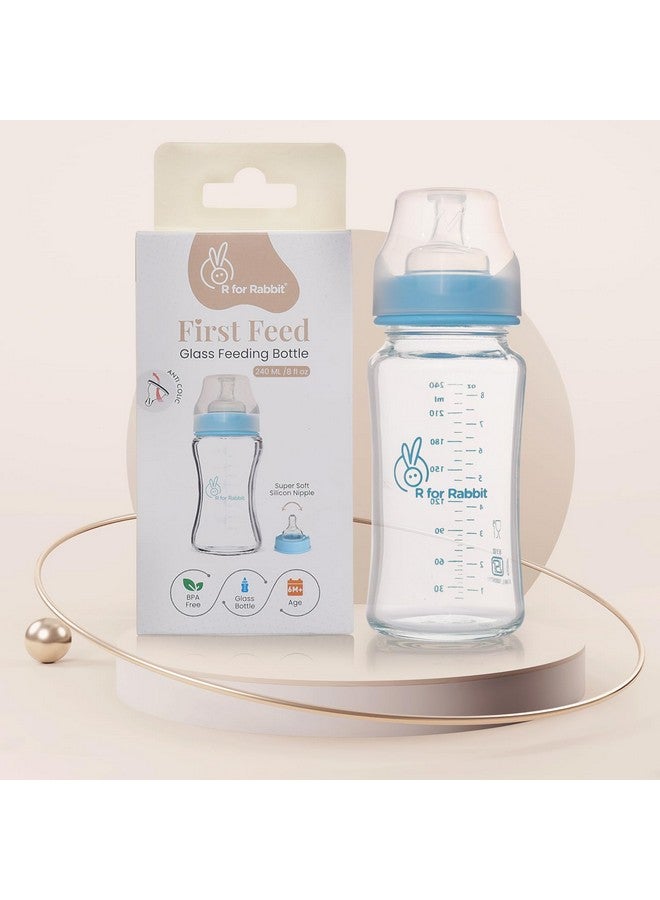 R for Rabbit First Feed Baby Glass Feeding Bottle 240ml with Anti-Colic Wide Neck, BPA Free Soft Silicone Nipple, Milk Feeder for New Born/Infants/Toddler Kids of 6+ Months (Lake Blue) - Image 1