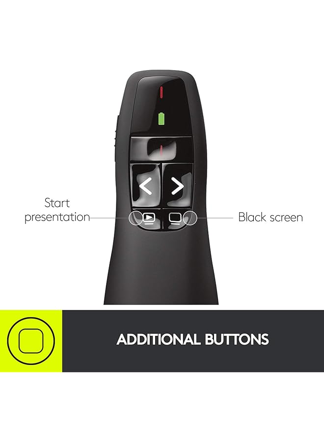 لوجيتيك جهاز عرض لاسلكي R400 مع مستقبل USB بتردد 2.4 جيجاهرتز ومؤشر ليزر أحمر ونطاق تشغيل 15 مترًا و6 أزرار للتحكم في عرض الشرائح ومؤشر بطارية الكمبيوتر باللون الأسود - Image 5