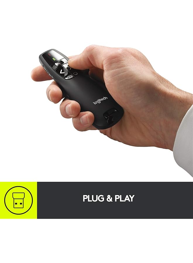 لوجيتيك جهاز عرض لاسلكي R400 مع مستقبل USB بتردد 2.4 جيجاهرتز ومؤشر ليزر أحمر ونطاق تشغيل 15 مترًا و6 أزرار للتحكم في عرض الشرائح ومؤشر بطارية الكمبيوتر باللون الأسود - Image 2