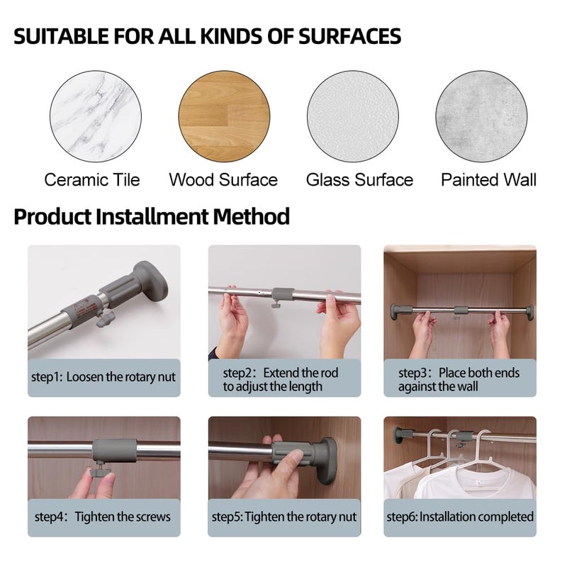 Hershii ستارة دش قابلة للتوسيع من هيرشي مع قضيب توتر برأس بيضاوي لتعليق الملابس على القضيب للدواليب، بدون حفر، بقطر أنبوب 25.4 مم - Image 5